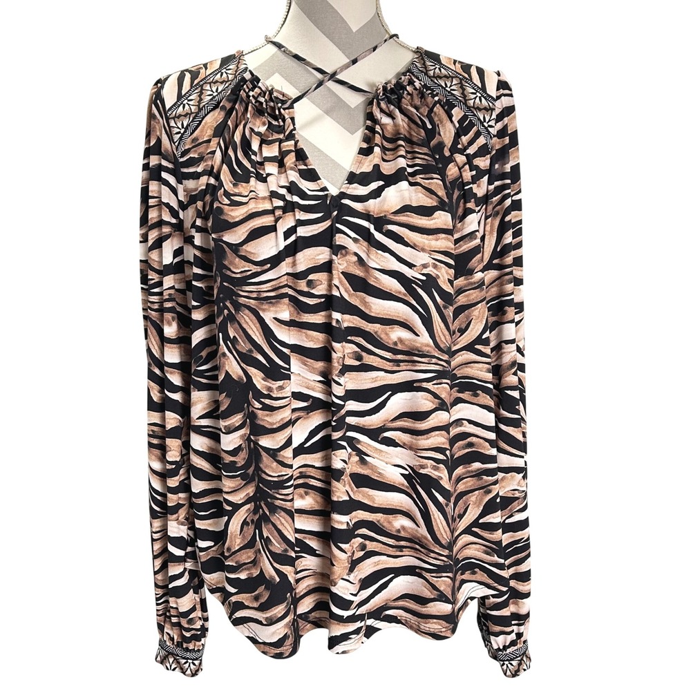 Hale Bob Animal Print Long Sleeve Blouse Top V‎ Neck Size L